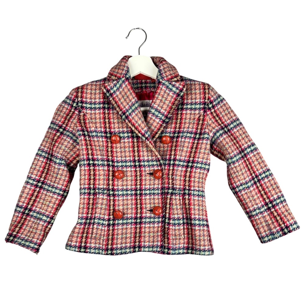 Vintage Oilily Plaid Double Breasted Wool Blend Blazer Kids Jacket
